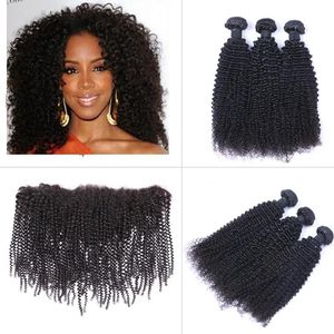 Wątwa Brazylijska Kinky Curly Human Hair Wefts z koronkowymi czołami 13x4 Pełna głowa naturalny kolor można farbować wstępnie rozluźnione zamknięcia