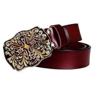 Cinture Christian Cross Sign Modello Arabesco Fibbia in metallo Cintura in pelle di vitello Jeans alla moda Cintura decorativa per donna Uomo