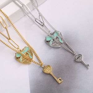 Elegant Classic Blue Oil Dropping Bowknot Love Heart Key Double Layer Necklace for Women Love Key Pendant Necklace