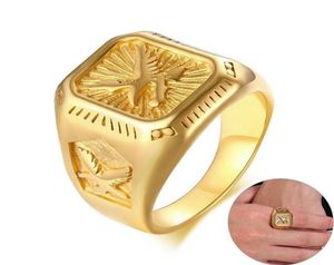 Fashion Mens Eagle Ring Gold Tone rostfritt stål Square Top med Rays Signet Ring Heavy Animal Band243K2882943