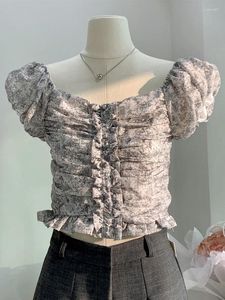 Женские блузки с богемным цветочным принтом, женские укороченные топы с вырезом в Корейском стиле, рубашки с пышными рукавами и складками, уличная одежда, тонкий Gyaru, эстетика 2000-х годов