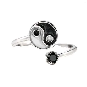 Anéis de cluster 925 prata esterlina yinyang redondo oito diagramas anel para mulheres preto branco ajustável tendência moda jóias