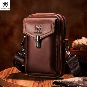 BULLCAPTAIN Crazy Horse Leder männer Taille Taschen Multifunktionale 7 zoll Handy Tasche Männliche Schulter Messenger Bages Braun 240103