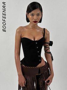 Women's Tanks BOOFEENAA Sexy Black Busiter Corset Tops Club Wear Asymmetrical One Shoulder Backless Crop Top Clothing 2024 C85-DD20
