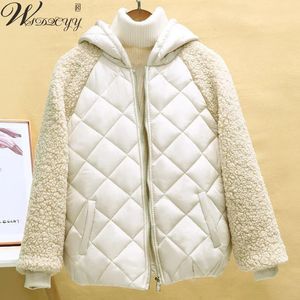 Leather 2022 Women Thin Down Jacket Short Coat Autumn Winter Female Hooded Loose Imitation lamb Wool Cotton Jacket Solid Zipper Outwear