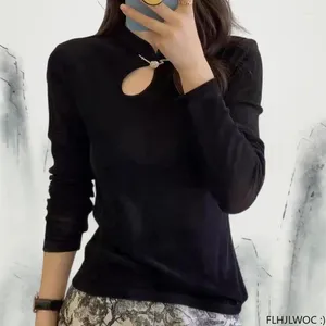 Kadınlar bluzları Çin tarzı chi-pao yaka tasarımı siyah kadife üstler yıl 2024 bahar kadınlar kızlar zarif retro gömlek bluz vintage