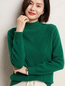 Kvinnors tröjor Autumn Winter Women Sweater Pullover Merino Wool Mock Neck Long Sleeve Twist Casual Cashmere Sticked Pull 2024 Fashion