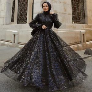 Glitter Black Sequined Muslim Evening Dresses For Women Hijab Floor Length High Neck Prom Dress Long Sleeves Arabic Islamic Special Occasion Gowns 2024