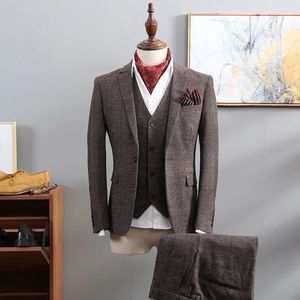 British Style Suit Men 3 Piece Plaid Blazer Trend Groom Wedding Suits Tuxedo Business Formal Dress Men's Smoking Uomo 240103