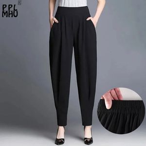 Summer Cienki Black Black Harem Pant Ponagsize 80 kg Elastic High talia klasyczny Bloomers Mom Kids Długość Casual Pantelones 240104