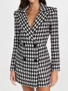 Casual Dresses Women's Elegant Short Dress With Blazer Collar Double-Breasted Lightweight Tweed Houndstooth Layered Look Trendy Fashion
