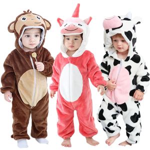 Baby Kigurumi Monkey Unicorn Cow Lion Animal Cosplay Costume Winter Plush Jumpsuit 1 till 4 Years Kids Girls Onesies outfit Boys 240103