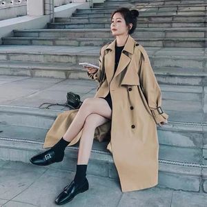 Cáqui blusão feminino outono elegante coreano casual longo trench coat solto retros duplo breasted sólido túnica faixas sobretudos 240103