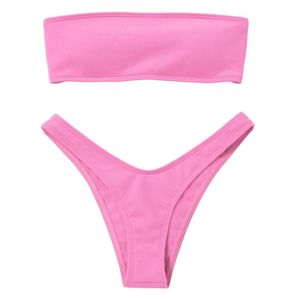 Conjunto de biquínis com nervuras corte alto bandeau bikini 2021 feminino sem alças fora do ombro push up acolchoado banho feminino rosa biquini3946182