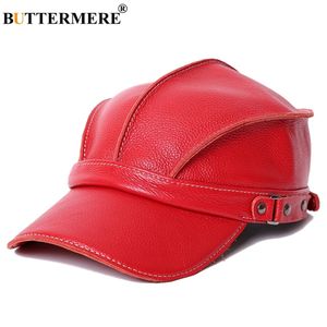 BUTTERMERE Baseball Cap Women Red Genuine Cow Leather Caps Ivy Female Adjustable Autumn Winter Brand Hat 240103