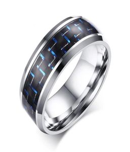 8MM Mens Stainless Steel Ring Wedding Band Black and Red Carbon Fiber Inlay Blue Red7352158