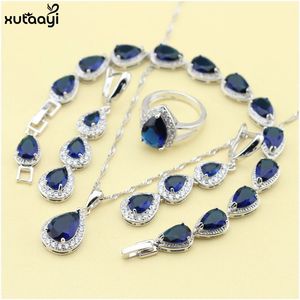 Xutaayi conjuntos de joias de prata de alta qualidade azul criado safira colar/anéis/brincos/pulseira para mulheres 240102