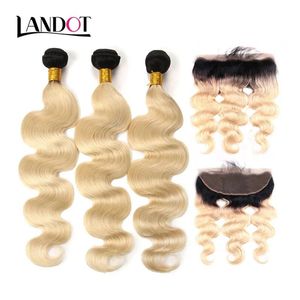 Wefts 9a Ombre 1b/613 Ağartı Sarışın 13x4 Dantel Frontal Kapatma 3 Paketle Brezilya Perulu Malezya Hint Vücut Dalgası Bakire İnsan