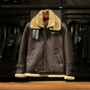 Winter B3 Shearling Warm Smart Casual Doppelkragen Bomber Vintage Herren Braun Wolle Echtpelz Schaffell Lederjacken 240103