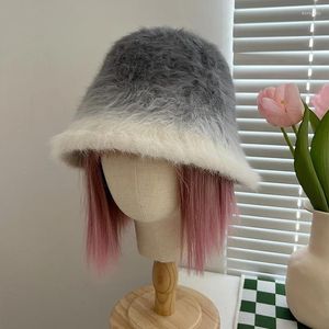 Berets Frauen Haar Eimer Hut Bunte Gradienten Plüsch Fell Mode Gothic Fischer Winter Warme Casul Erwachsene Solide