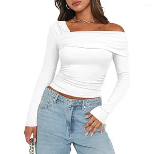 Women's Blouses Spring Autumn Top Soft Stretchy Elegant Off Shoulder Ruched Long Sleeve Tops For Women Commuting Style Slim Fit Comfort