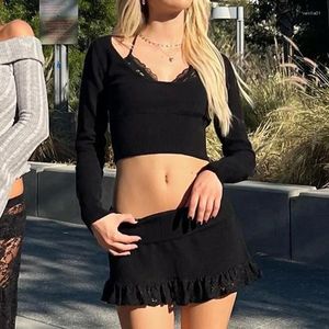 Women's T Shirts Black Stitching Crop Top Trendy Personalized All-match Casual Simple Sexy Mature Beautiful Confident Long Sleeve