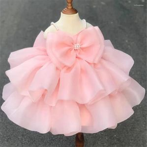 Vestidos de menina bonito princesa festa usar vestido rosa fofo natal tutu roupas de bebê feito à mão flor personalizada