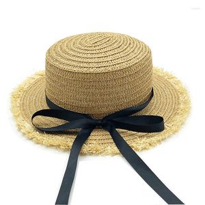 Sombreros de ala ancha 2024 Venta Flat Top Sun Hat Verano Primavera Mujeres Gorras de viaje Vendajes Playa Niño Traw Transpirable Niñas