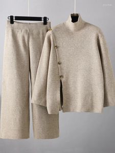 Calças femininas de duas peças conjuntos de duas peças roupas femininas 2024 outono/inverno divisão alta pescoço camisola de malha casual perna larga calça solta adies
