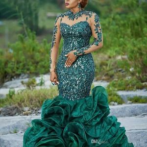 ASO Ebi Arabische Abendkleider tragen Meerjungfrau dunkelgrüne Paillettenspitzen Appalier Kristall -Prom -Kleid Illusion Rüschen abgestufte formelle Party Gonws Langarm