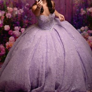 Abito da ballo con scollo a cuore color lavanda Abito stile Quinceanera con spalle scoperte Abiti da corsetto principessa Appliques in pizzo Abiti da 15 anos