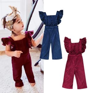 Overall Fashion Kid Baby Girls kläder flygande ärmar Ruffles Backless Velvet Overalls Romper Jumpsuit PlaySuit Bibpants Toddler Outfits S