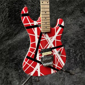 Hot säljer god kvalitet Edward Eddie Van Halen Red Franken Electric Guitar Black White Stripes, Shape Maple Neck, Floyd Rose Tremolo Free Frakt Musikinstrument