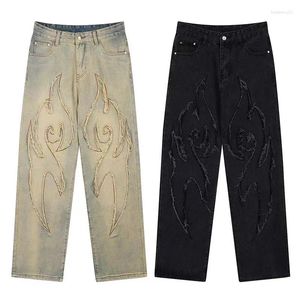 Men's Street Retro Embroidered Baggy Jeans Hip Hop Patchwork High Waist Denim Pants Loose Fit Midweight Unisex