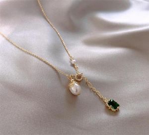 LinMouge Korean Green Nature Stone Pearl Pendant Gold Color Necklace For Women Personlighet Temperament Chain Jewelry NF10 Chains1223127