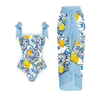 Suits Damen-Badeanzug im Vintage-Stil, Zitronenmuster, 1 Stück Badebekleidung + 1 Stück Cover UP, zweiteiliger Badeanzug mit Vintage-Druck, Monokini, Bikini 2