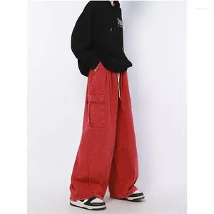 Women's Jeans High Street Casual Overalls Solid Red Wide Leg Pants American Retro Oversized Y2k Cargo Drawstring Denim Trousers