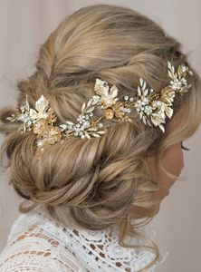 Na moda ouro acessórios de cabelo nupcial folhas de ouro videira cabeça de casamento jóias grande flor tiara pérola headdresses para namorada 240102