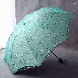 Guarda-chuvas mulher dobrável guarda-chuva estética rendas chuva tela bordado flores amor dupla camada impermeável itens domésticos