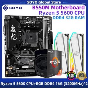 마더 보드 마더 보드 Soyo B550M 마더 보드 키트 및 프로세서 메모리 Ryzen 5 5600 CPU RGB 조명 RAM DDR4 16GBX2 3200MHz 용 데스크탑 COM