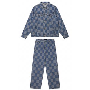 Paris 23FW Checkered Patchwork Button Work Designer Washed Denim Jacket Pants Suit Jeans Coat Sets 0104