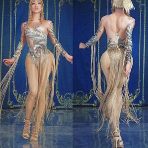 Stage Wear Sparkling Gold Chain Fringes Jumpsuits Women Tight Stretch Bodysuits Luxurious Pearls Print Singer Jazz Dance Costumes