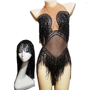 Scena zużycie czarnych lśniących grzbietów dhinestones Tassel seksowne body z nakryciem głowy dla kobiet w klubie nocnym łacińskie kostiumy jazzowe