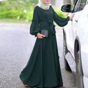 Ethnic Clothing Tax Products Turkey Muslim Dresses For Women O Neck Robe Solid Color Long Balloon Sleeve Ruffle Girdle Maxi Dress Islamic