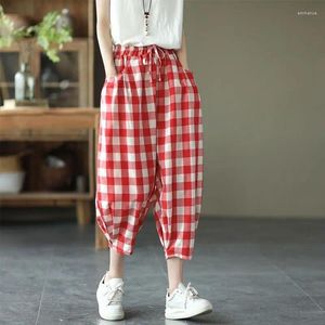 Women's Pants Summer Vintage Lacing Cotton Elastic Waist Loose Harem Femme Casual All-match Plaid High Calf-Length Women Clothing