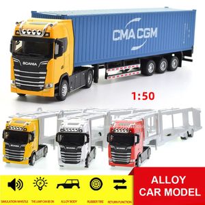 1 50 Simuleringslegering Diecast Stor lastbilhuvud Modell Container Toy Pull Back Sound Light Engineering Transport Fordon för barn 240103