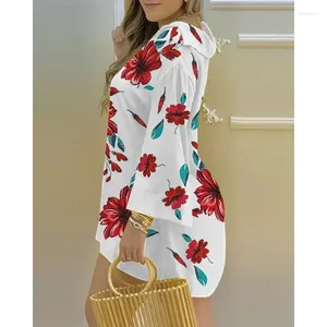 وصول المسارات للسيدات 2024 ربيع الصيف الأحمر للنساء زهرة مطبوعة V-neck Bell Sleeve Short Disual Suite من قطعتين