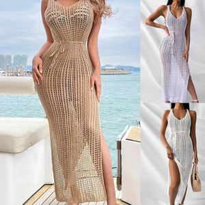 Women's Swimwear Stylish Outer Cover Dress Off Shoulders See Through Sexy Pure Color Lace-up Beach