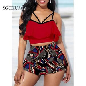 est Red Vintage Retro Print Bikini Sets Women Ruffle High-waist Tankini Two Pieces Swimsuits Girl Boho Bathing Suits 240103