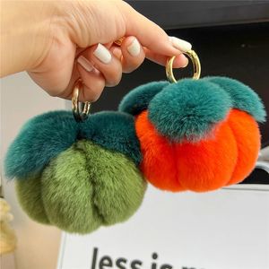 Plush Ball Real Rex Rabbit Fur Keychain Söt pumpa Toy Trinket Women Handbag Pendant Car Keyring Metal Ring Ornament Girl Gift 240104